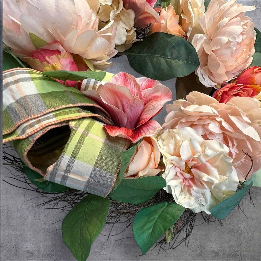Spring‎ Floral Wreath Peony Hydrangea Faux Flowers Green Plaid Bow 22